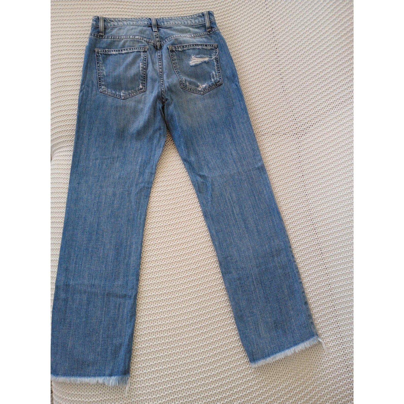 HYPEACH Distressed Boyfriend Jeans Blue Wash Straight Leg Frayed Hem 26/2x27