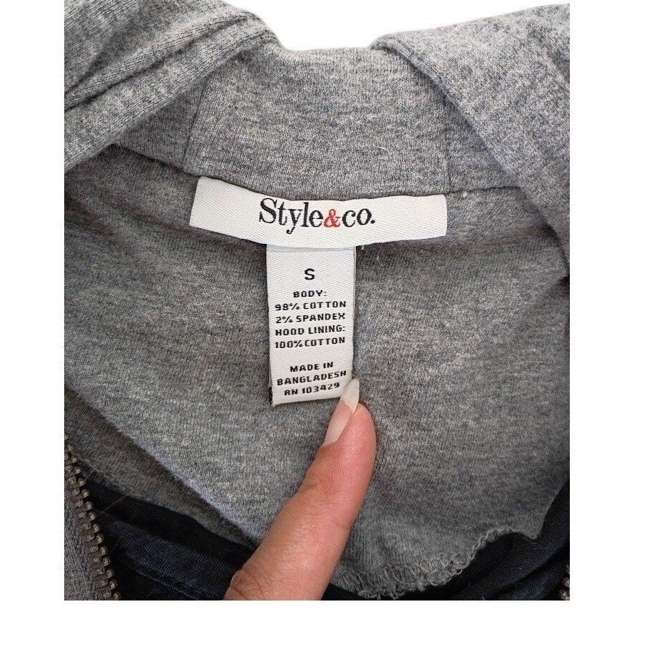 Style & Co 98% Cotton Utility Jacket Black Hooded Drawstring Effortless S