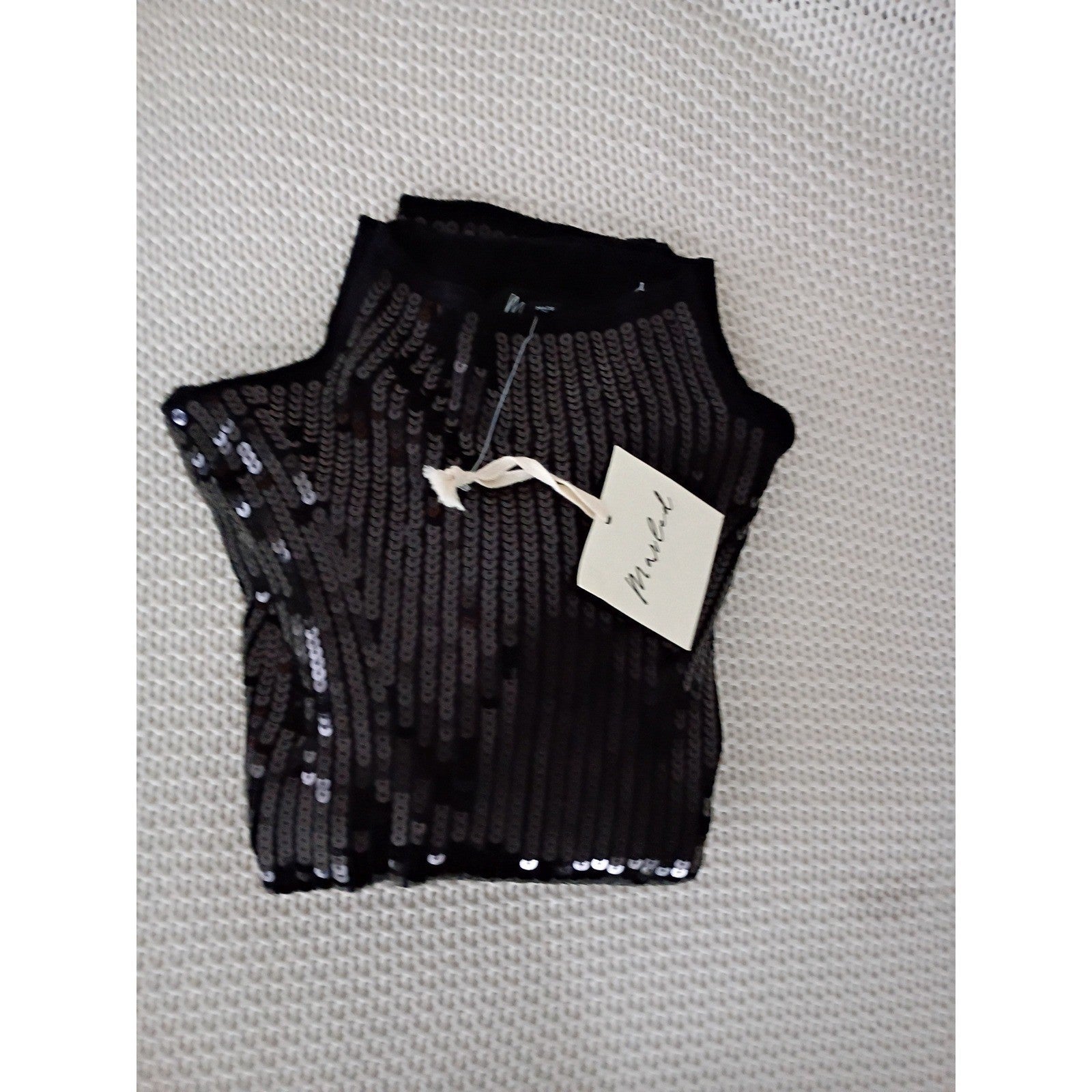 NWT Sequin Cropped Mock Neck Sweater Black Marled Party Knit Fits S