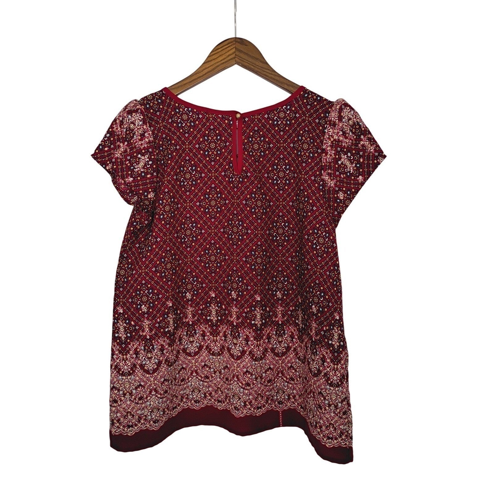 CHOCOLATE USA Red Geometric Print Keyhole Neck Blouse Top Small