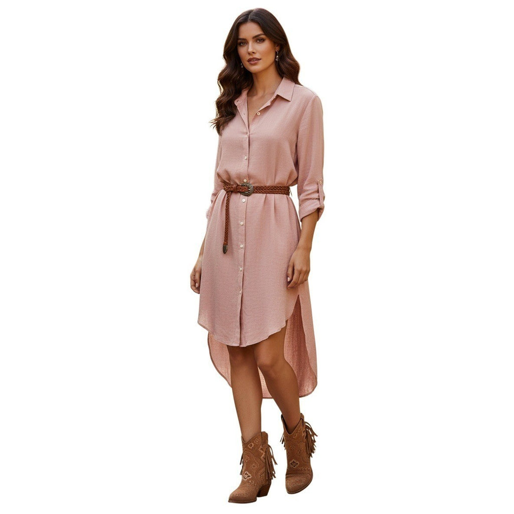 NWT RHEA Boho Dusty Pink Viscose High Low Button Down Shirt Dress OS Coastal