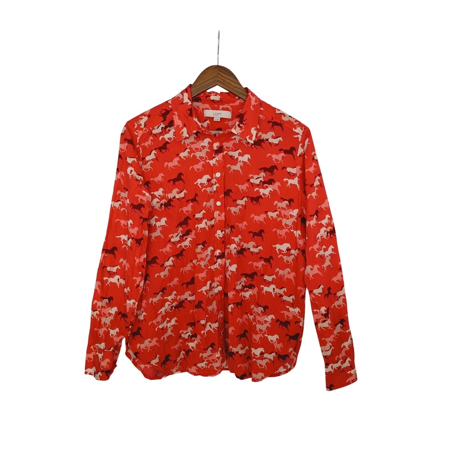 LOFT Red Horse Print 100% Cotton  Button Down Shirt Size M Long Sleeve