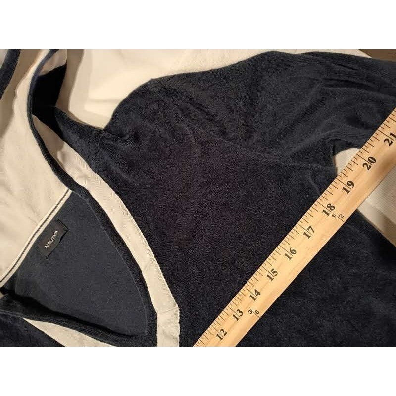 Nautica Velour Cotton Hoodie Pullover V Neck Navy Tan Size S