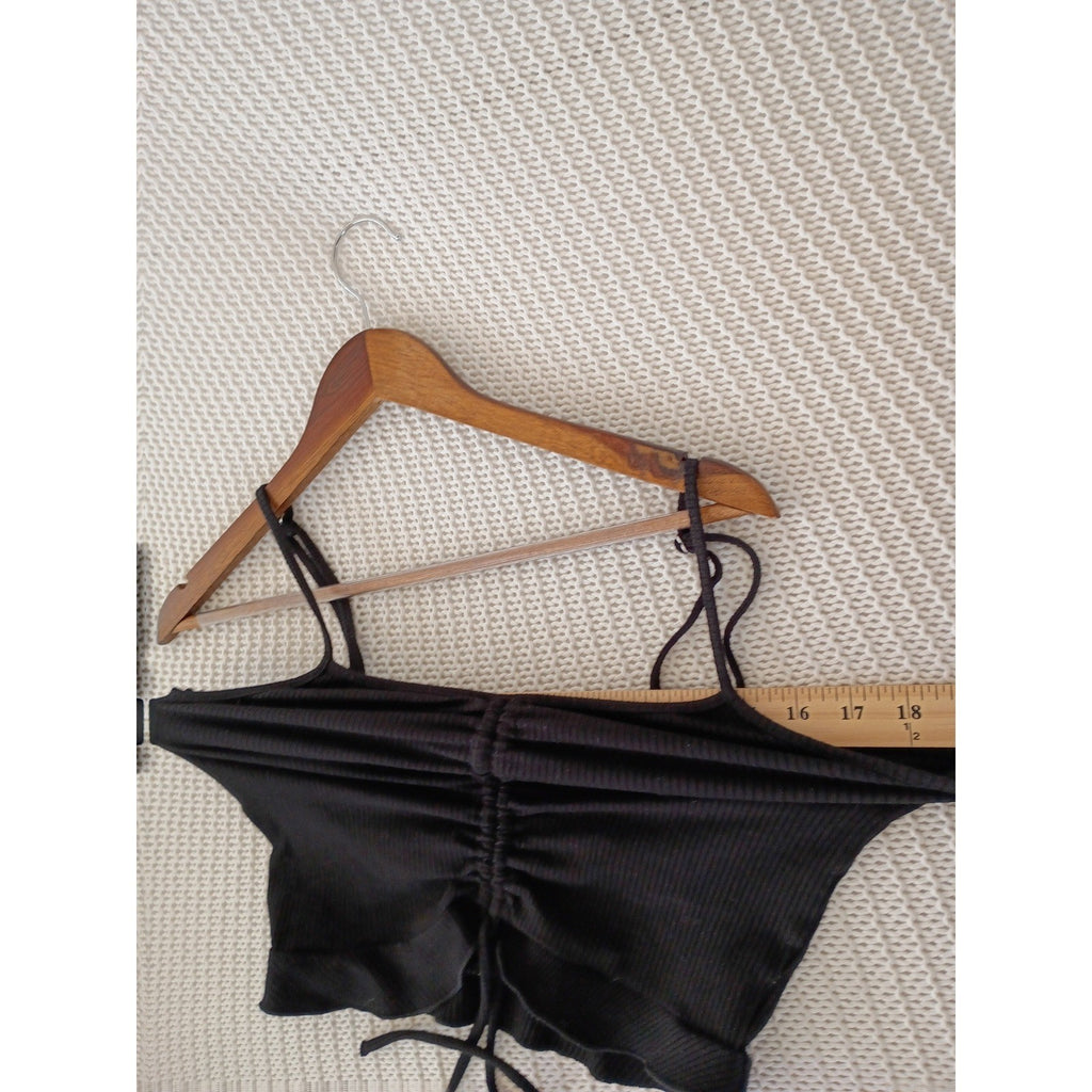 LOVE TREE Black Ribbed Cinched Front Cami Top Spaghetti Strap Cropped Coquette S
