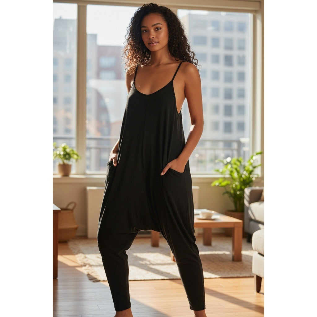 ANTISTAR Black Harem Jumpsuit Spaghetti Strap Boho Flowy Relaxed M