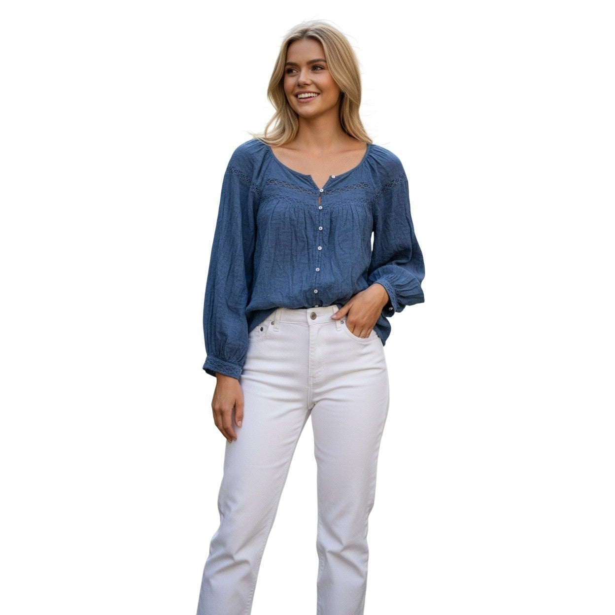 Old Navy Blue Boho Embroidered Peasant Blouse Lace Inset Cottagecore Top Medium