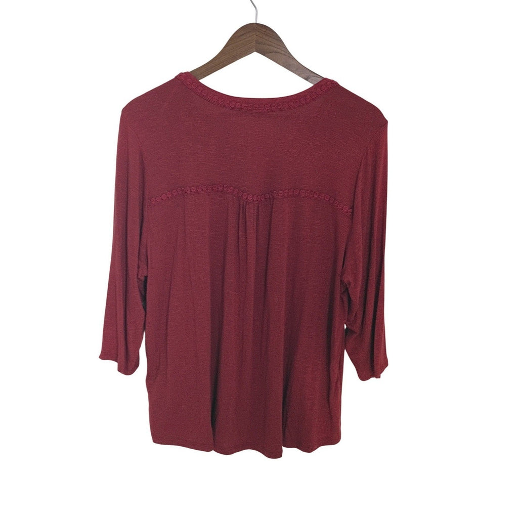 Democracy Red V Neck 3/4 Sleeve Button Front Textured Top Plus 1X XL Boho