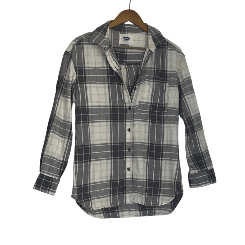 Old Navy Oversized Flannel Shirt M/L Blue Gray White Plaid Cotton Boyfriend