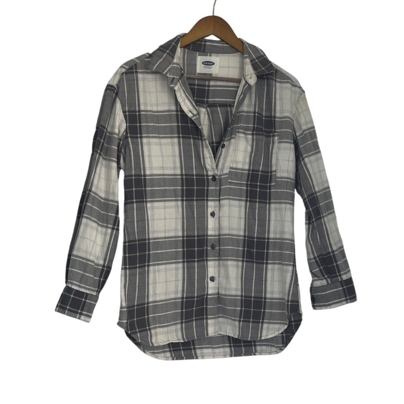 Old Navy Oversized Flannel Shirt M/L Blue Gray White Plaid Cotton Boyfriend