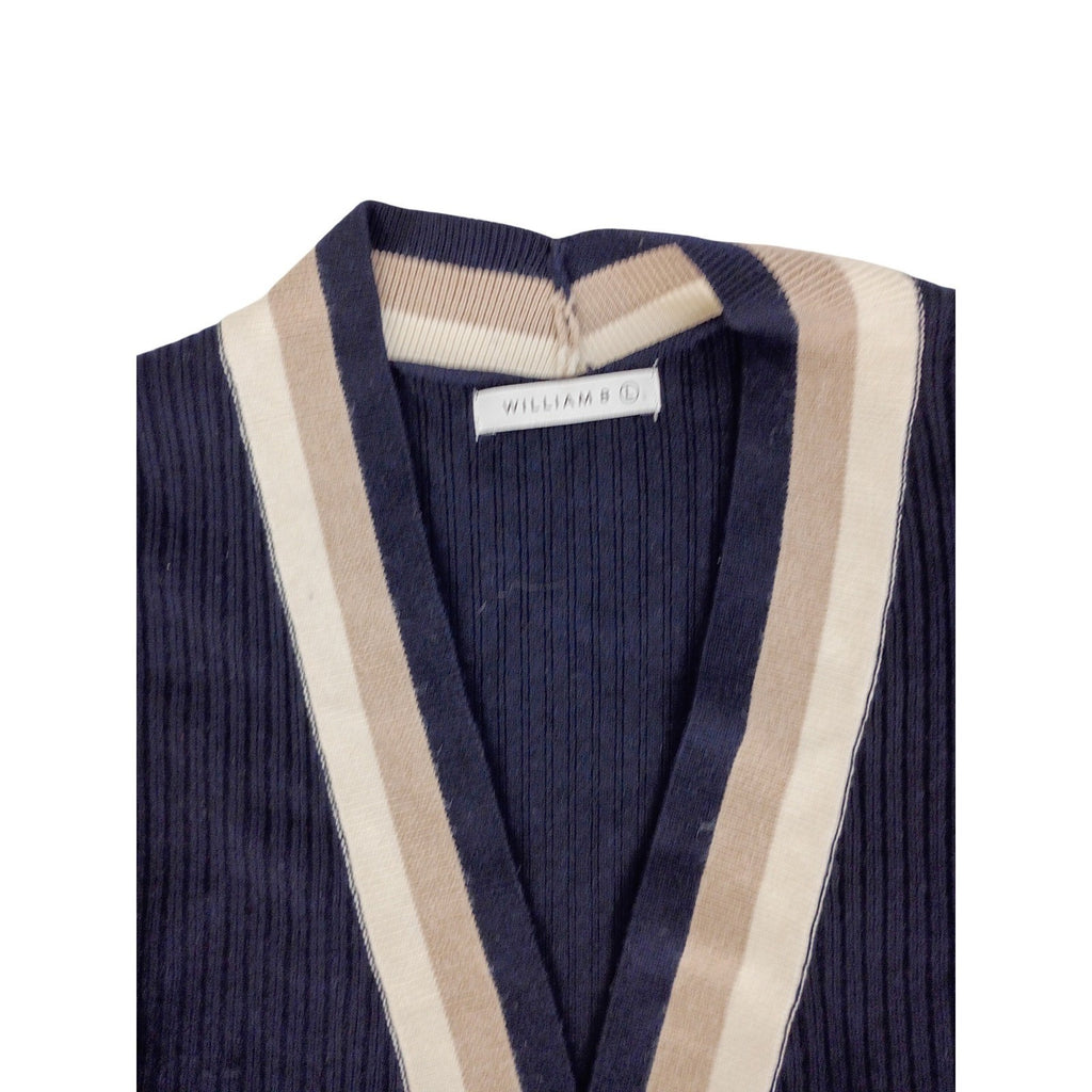 Coastal Grandma Navy Striped Ribbed Tie Waist Long Cardigan William B