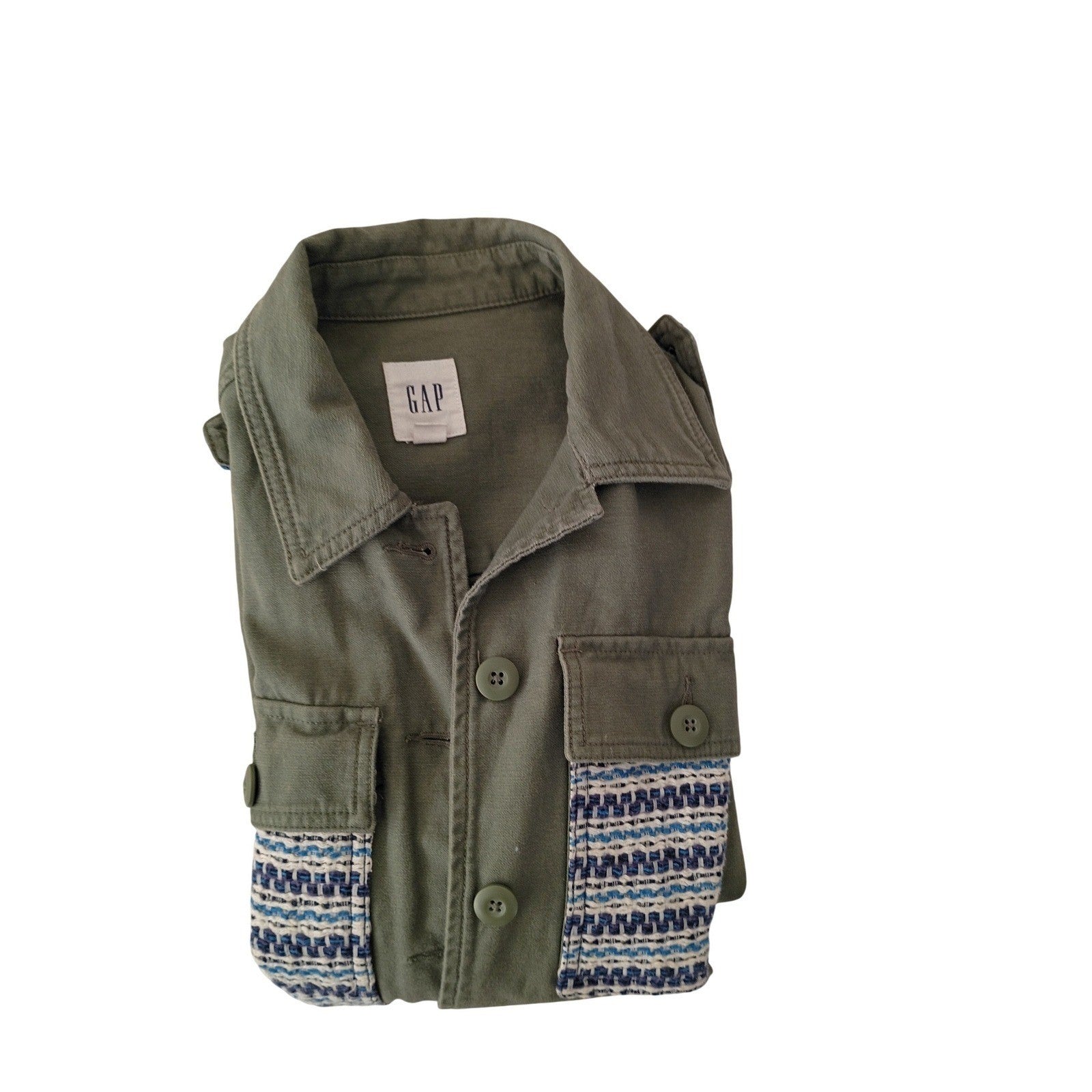 GAP Olive Green Utility Jacket Embellished Pocket Button Down Size M 100% Cotton