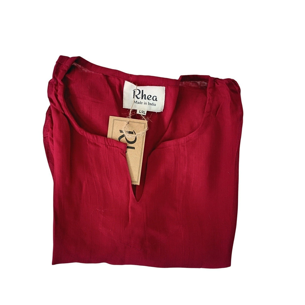 NWT Rhea India Burgundy Viscose Kurta Tunic Top  L/XL Boho V-Neck 3/4 Sleeve