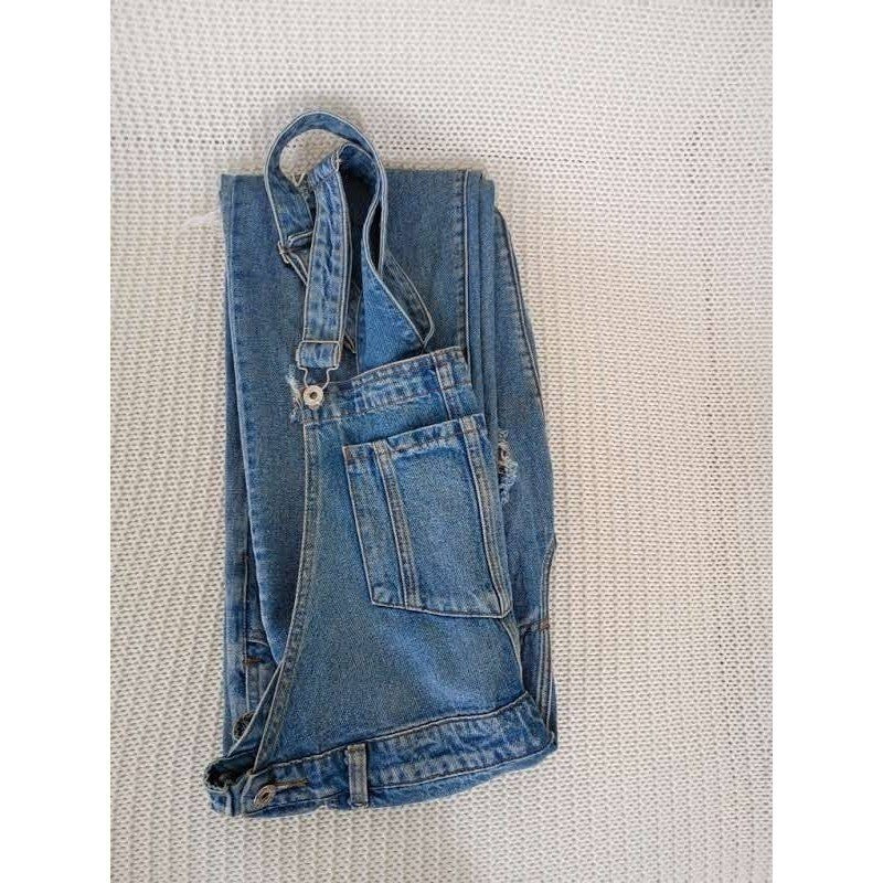 Honey Punch Blue Distressed Denim Overalls L Ripped Straight Leg Y2K Vintage Sty