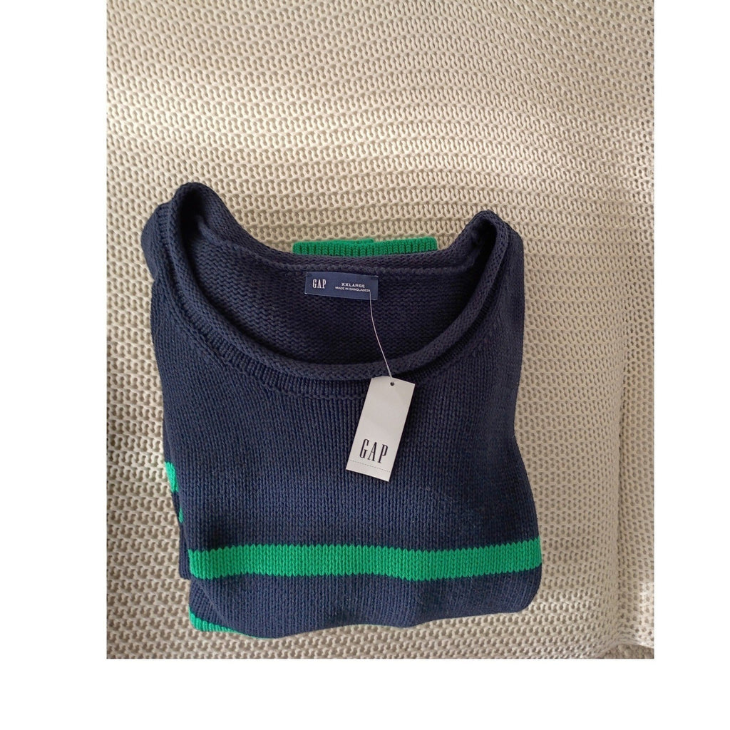 GAP NWT Navy Green Striped 100% Cotton Crewneck Sweater L Pullover Relaxed Fit
