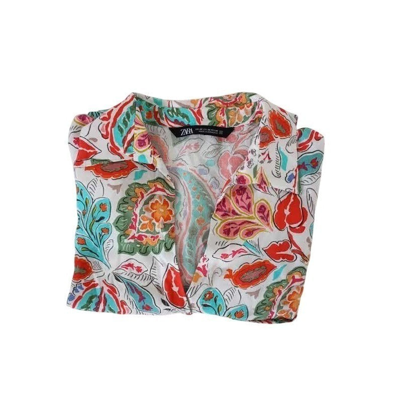 Paisley Print Button Up Shirt Small White Multi Color Boho Retro Chic Zara