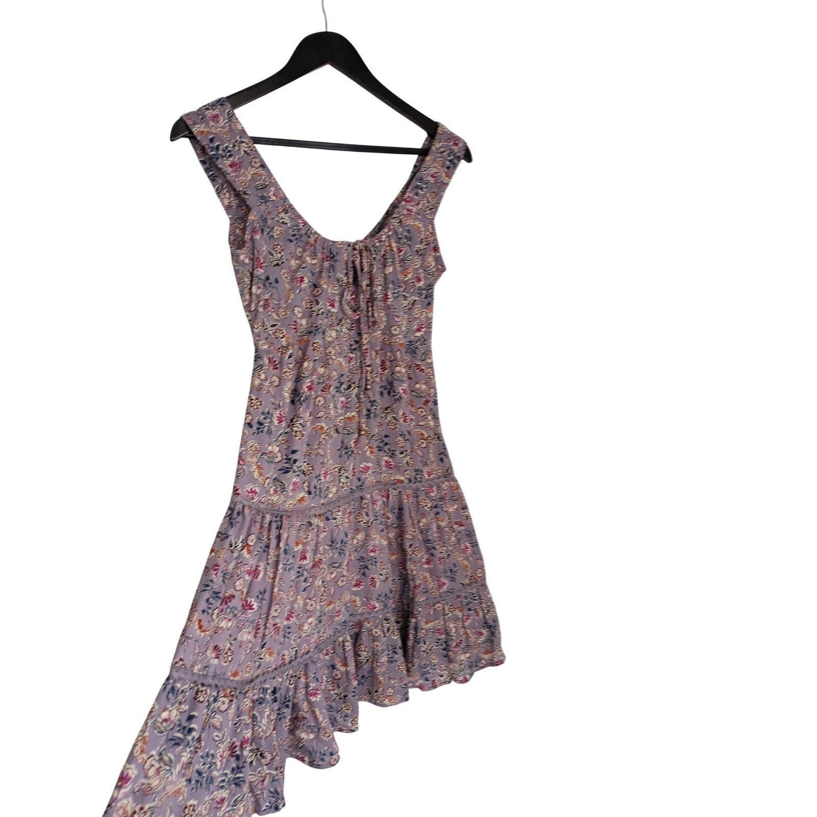ANGIE Cottagecore Purple Floral Boho Tiered Mini Dress S Lace Trim Tie Front