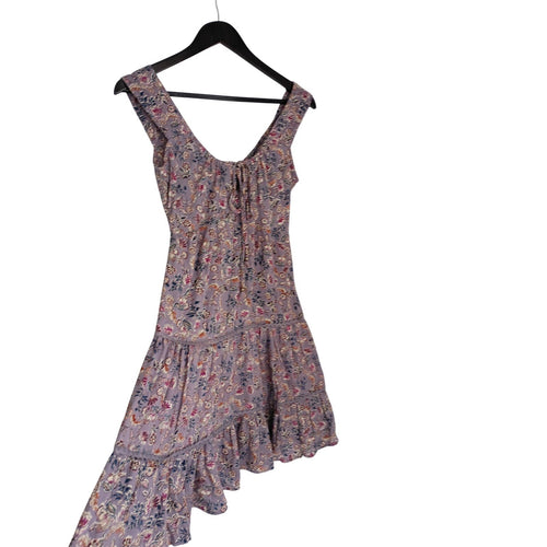 ANGIE Cottagecore Purple Floral Boho Tiered Mini Dress S Lace Trim Tie Front