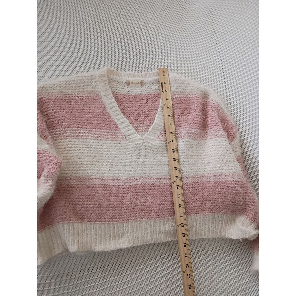 Altar'd State Sweater S M Pink Cream Striped Fuzzy Eyelash Knit Cropped V-Neck
