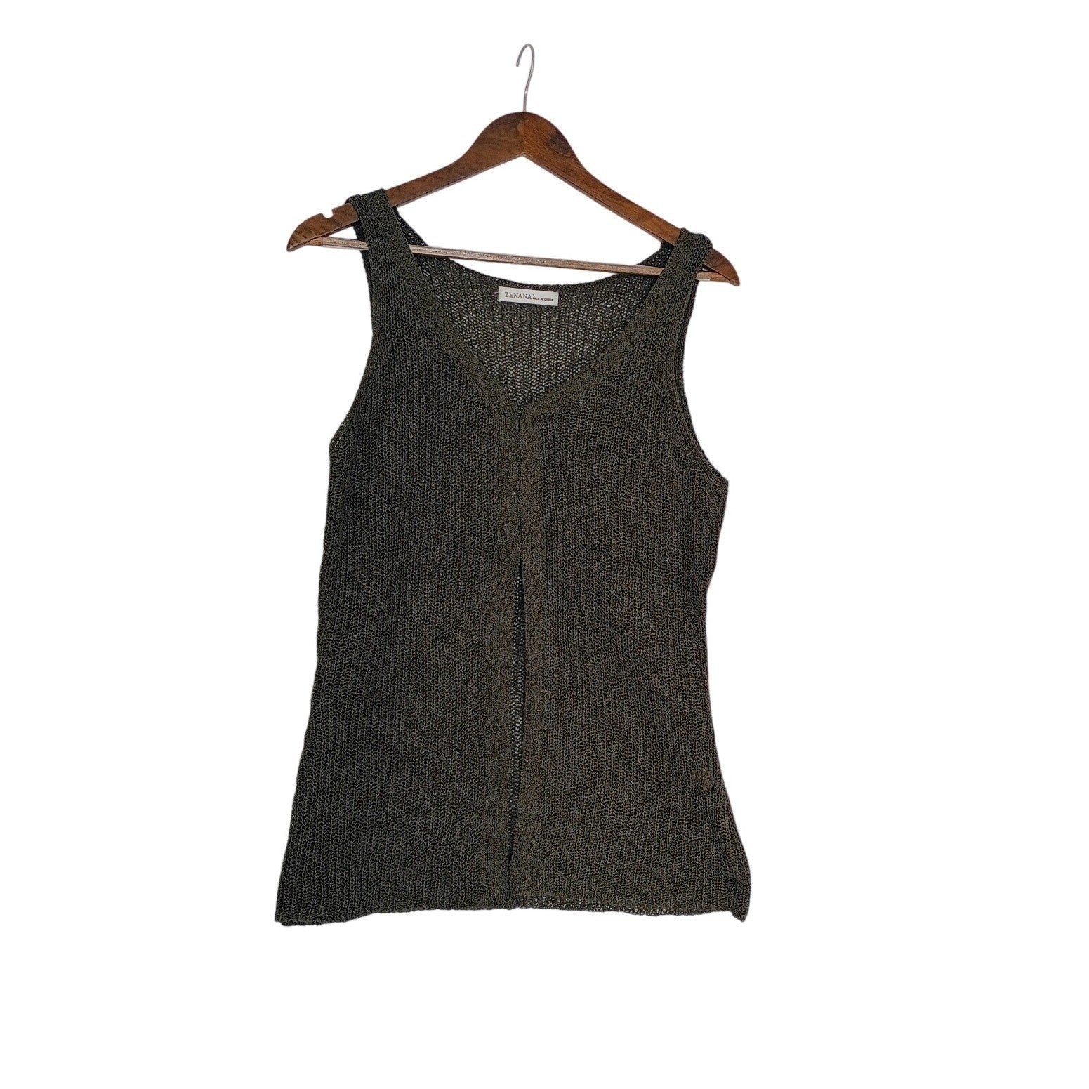 NWT -Zenana Olive Green Open Knit V-Neck Tank Top Sleeveless Vest XL