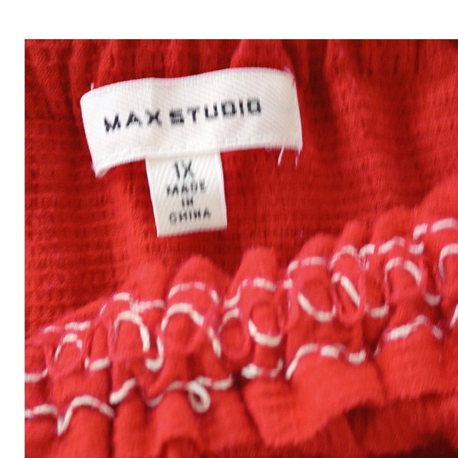 Max Studio Ruby Red Smocked Peasant Top XL Soft Boho Romantic Folk Embroidered