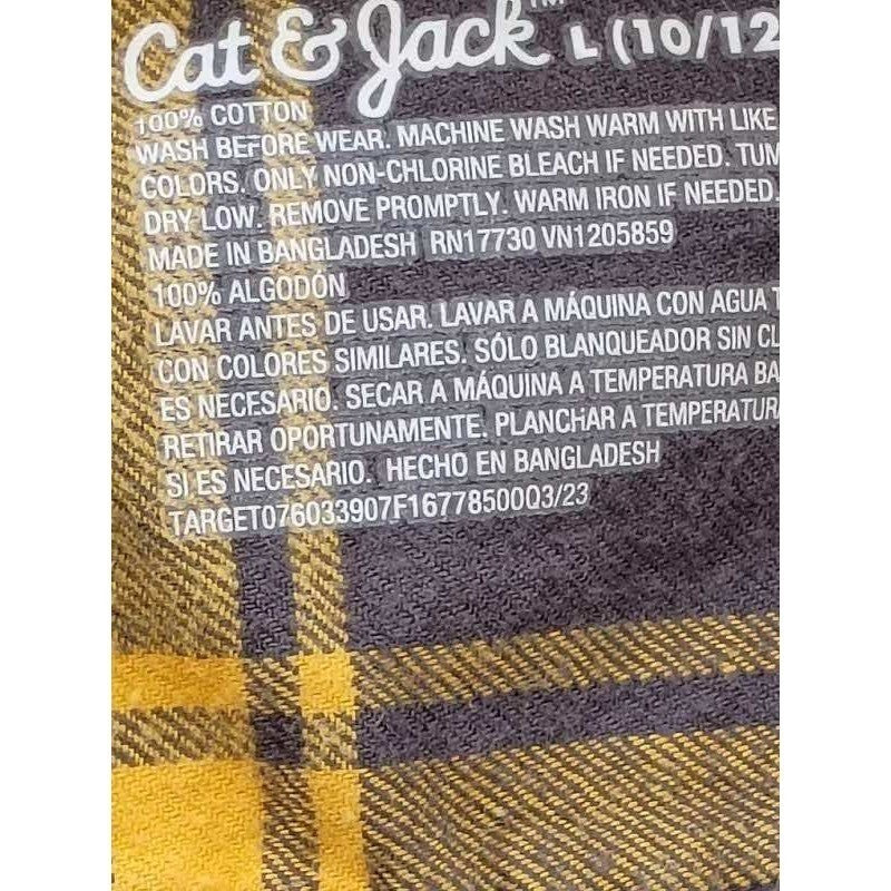Cat & Jack Plaid Flannel Shirt Yellow Cotton Button Down Boys L 12/ XS Women Fit