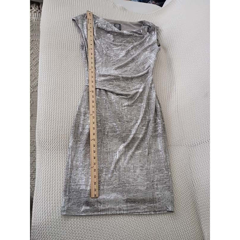 Vince Camuto Metallic Sheen Sheath Dress Silver Ruched Statement Dress M NWOT
