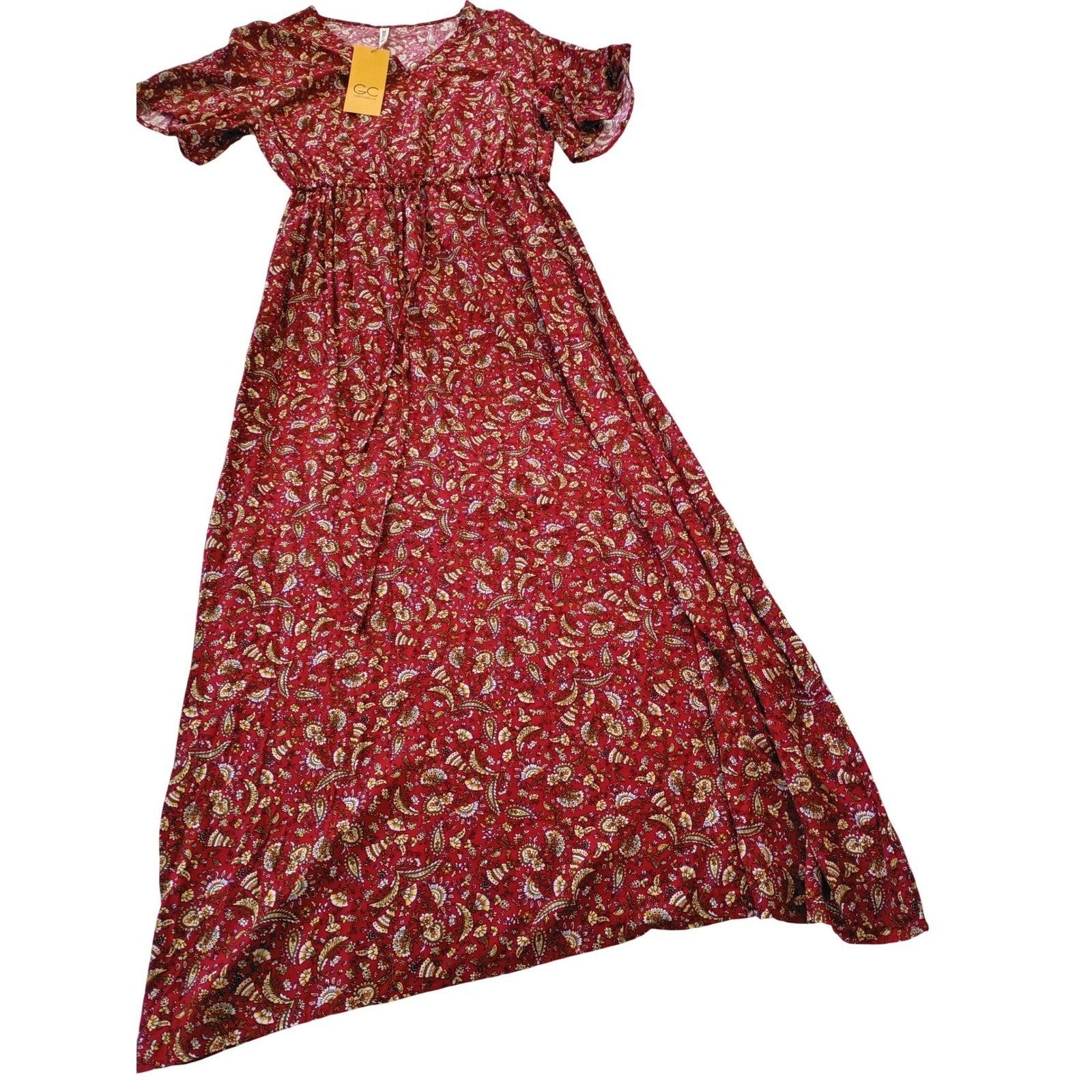 NWT Grecerelle Red Paisley Floral Maxi Dress V-Neck Short Sleeve Elastic Waist M