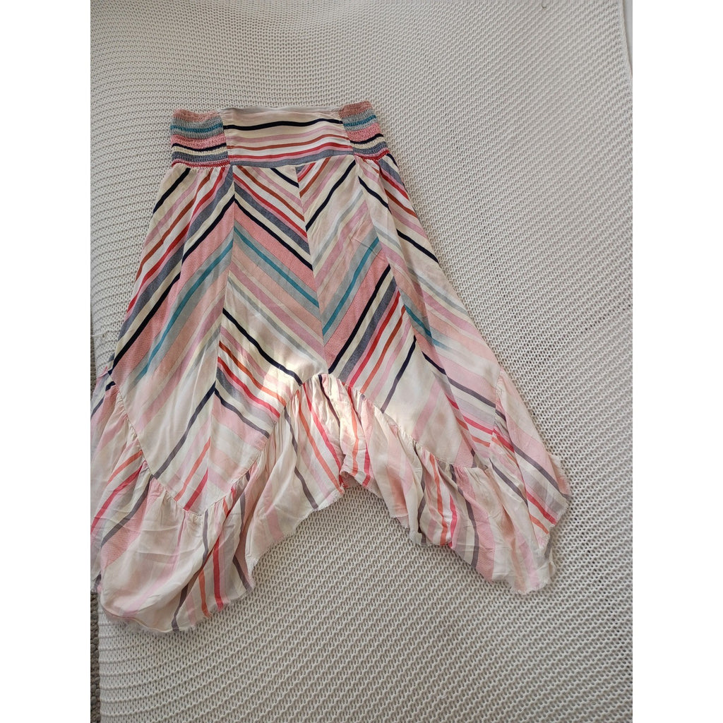 Umgee USA NWOT Pink Blue Striped High-Low Ruffle Midi Skirt Smocked Boho S NWOT