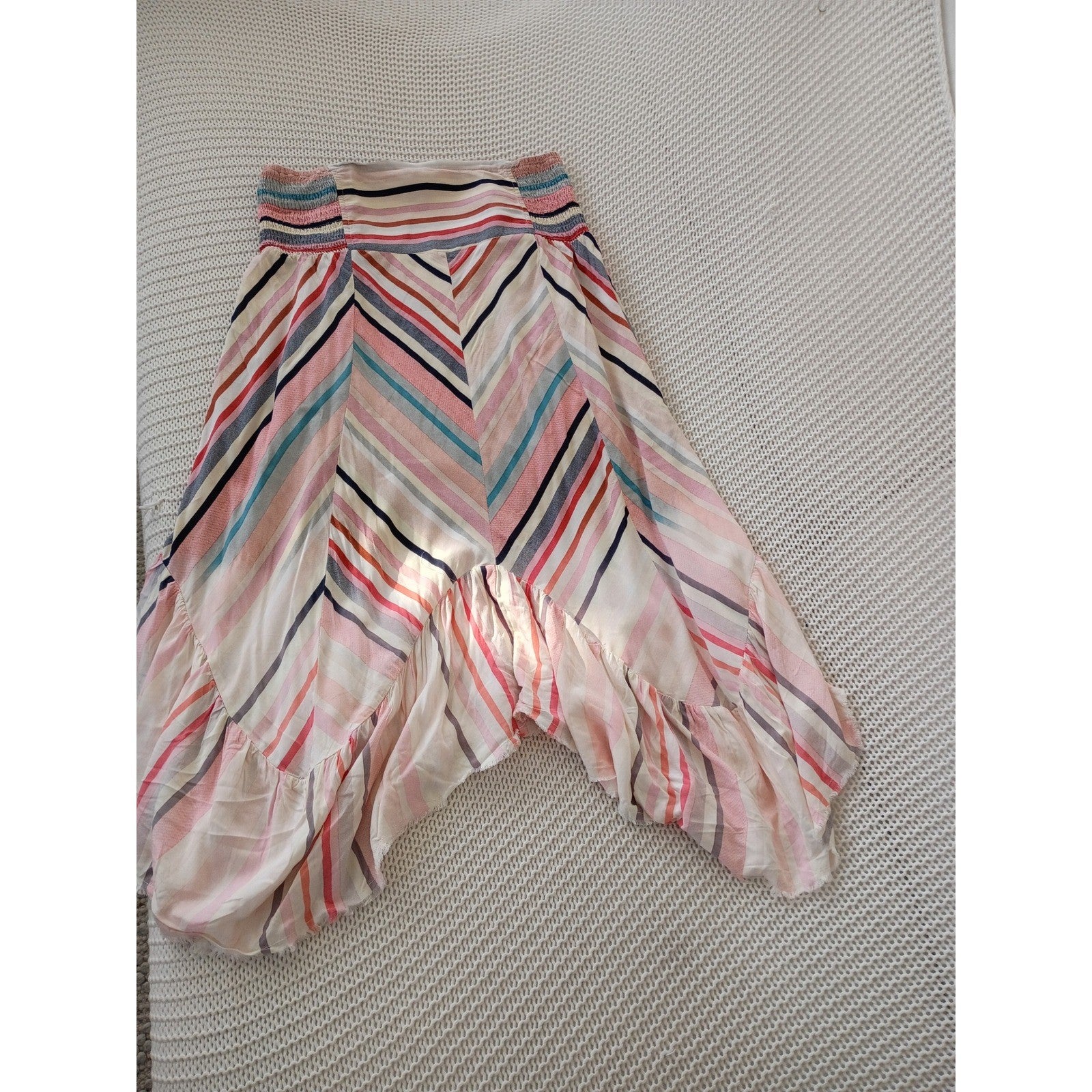 Umgee USA NWOT Pink Blue Striped High-Low Ruffle Midi Skirt Smocked Boho S NWOT