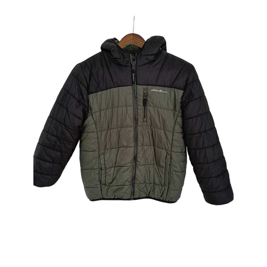 Eddie Bauer Reversible Camo Puffer Jacket Fleece Hooded Black Green Women's S