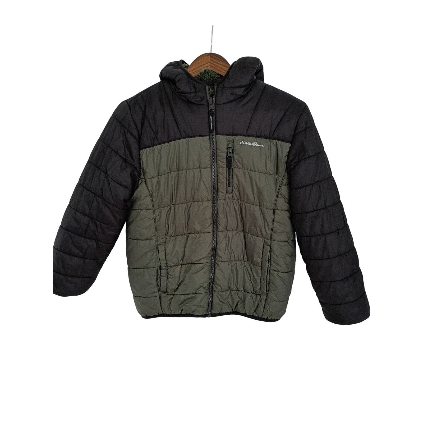 Eddie Bauer Reversible Camo Puffer Jacket Fleece Hooded Black Green Women's S