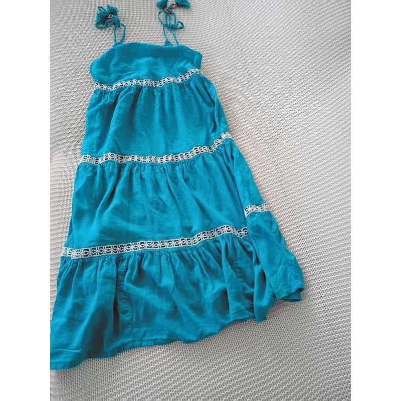 Rachel Zoe Linen Blend Tiered Midi Dress Teal Crochet Lace Boho Cottage S