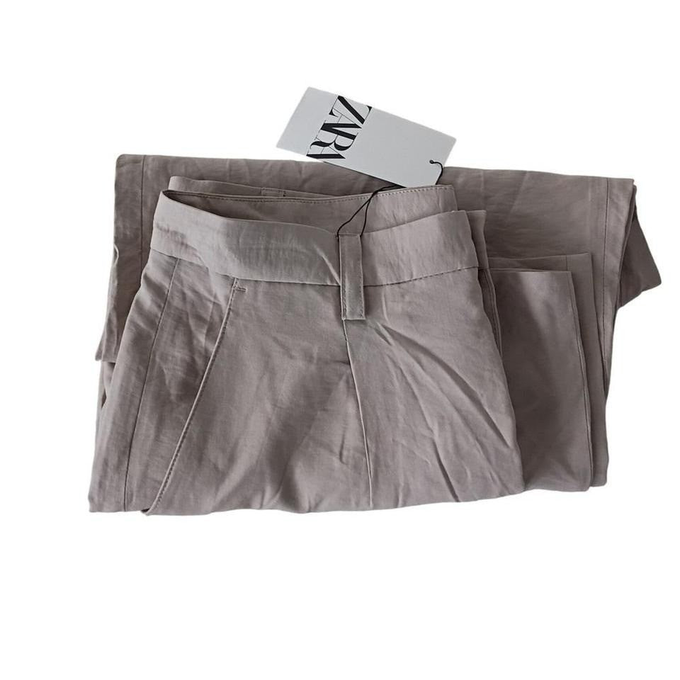ZARA NWT Beige Linen Blend Wide Leg Trousers High Rise Button Fly 31 Minimalist