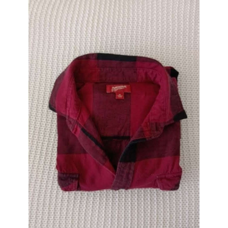 Arizona Jean Co 100% Cotton Flannel Shirt Buffalo Plaid Burgundy Blck Long Slv M