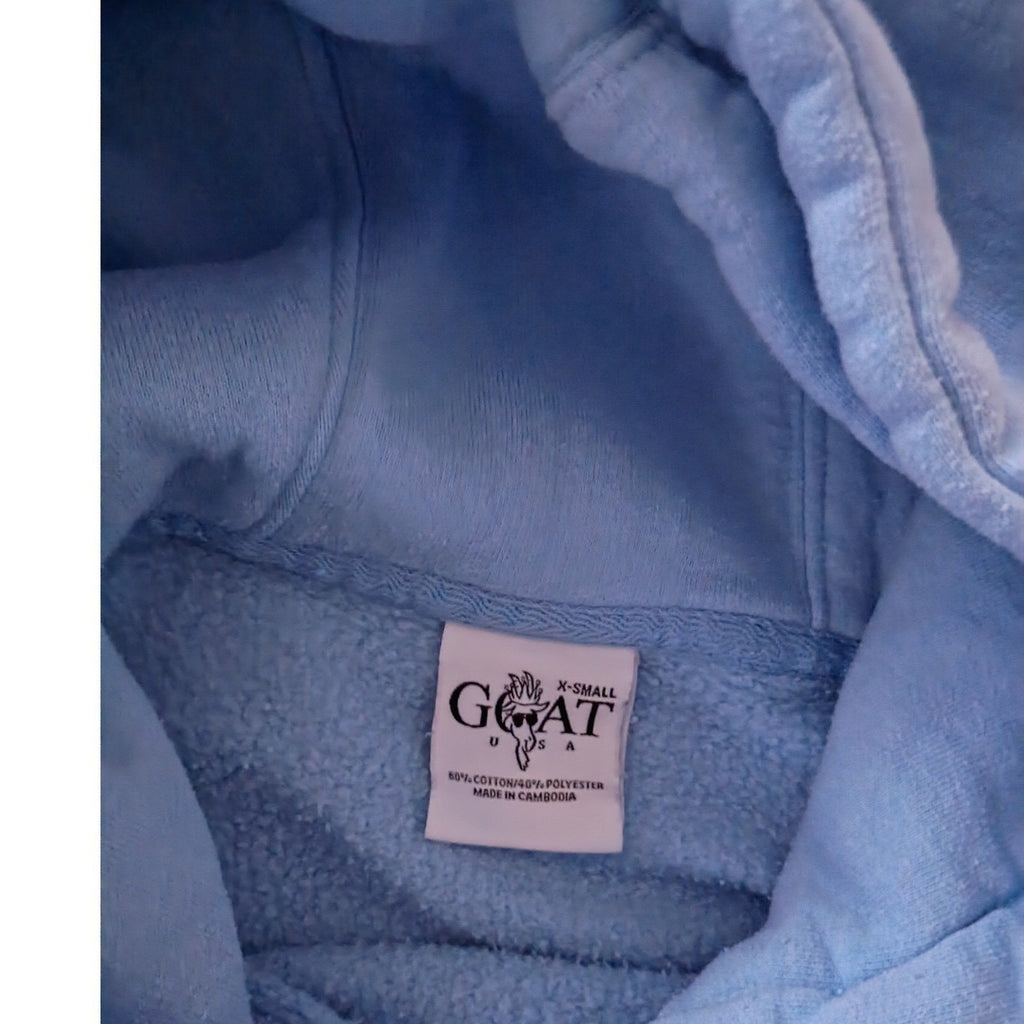 GOAT Light Blue Hoodie Pullover Graphic Print Small Oversized Unisex PTP 20"