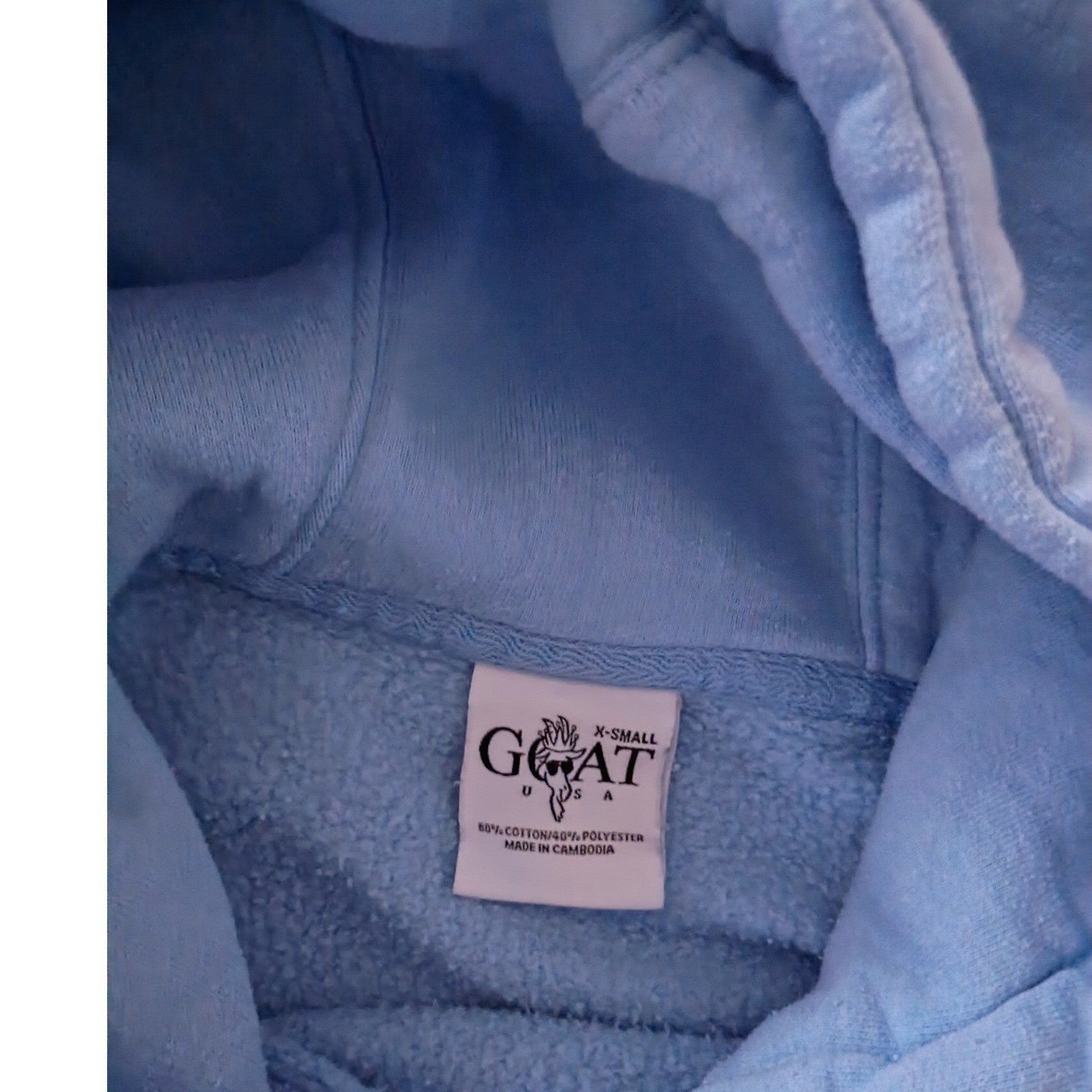GOAT Light Blue Hoodie Pullover Graphic Print Small Oversized Unisex PTP 20"