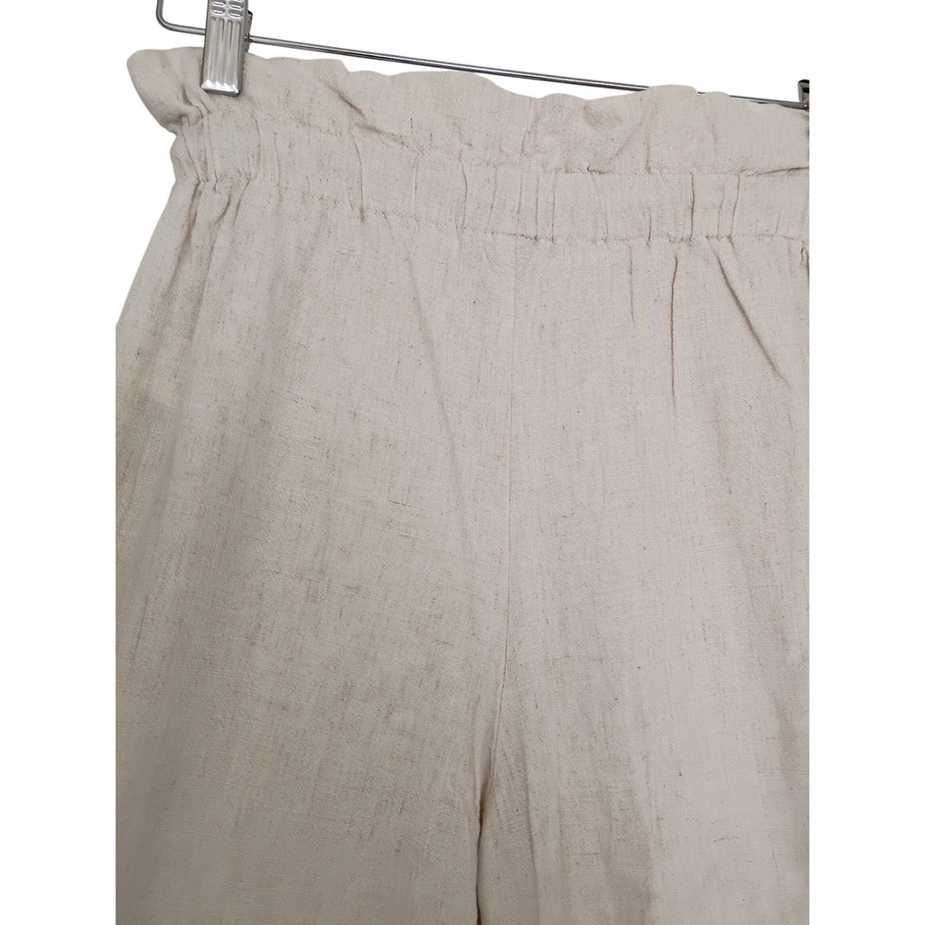 Linen Blend Wide Leg Pants Beige Paperbag Waist Drawstring Casual Comfort
