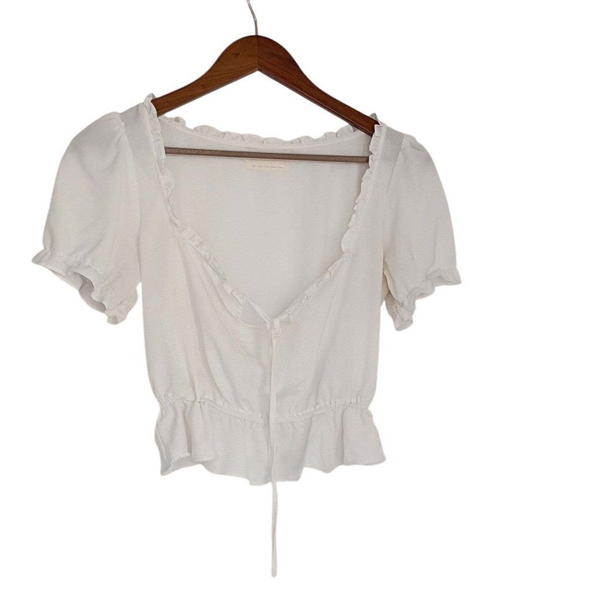 Urban Outfitters Coquette Ruffle Tie Front Puff Sleeve Crop Top White S