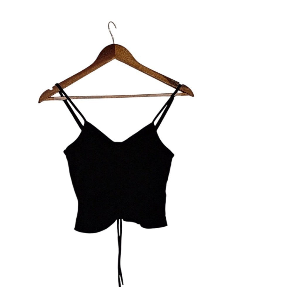 LOVE TREE Black Ribbed Cinched Front Cami Top Spaghetti Strap Cropped Coquette S
