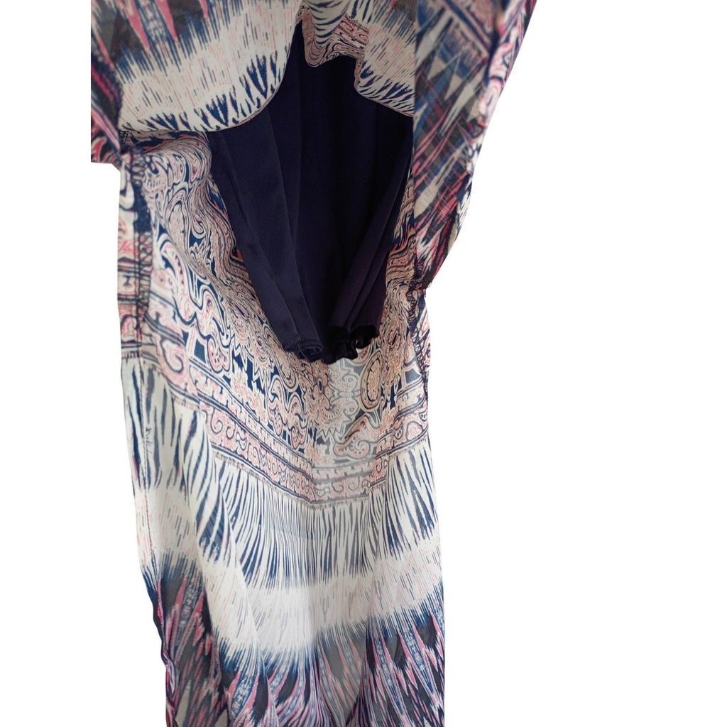 Trixxi Navy Pink Geometric Paisley Lace Sheer Maxi Dress Small Boho Slit Beach