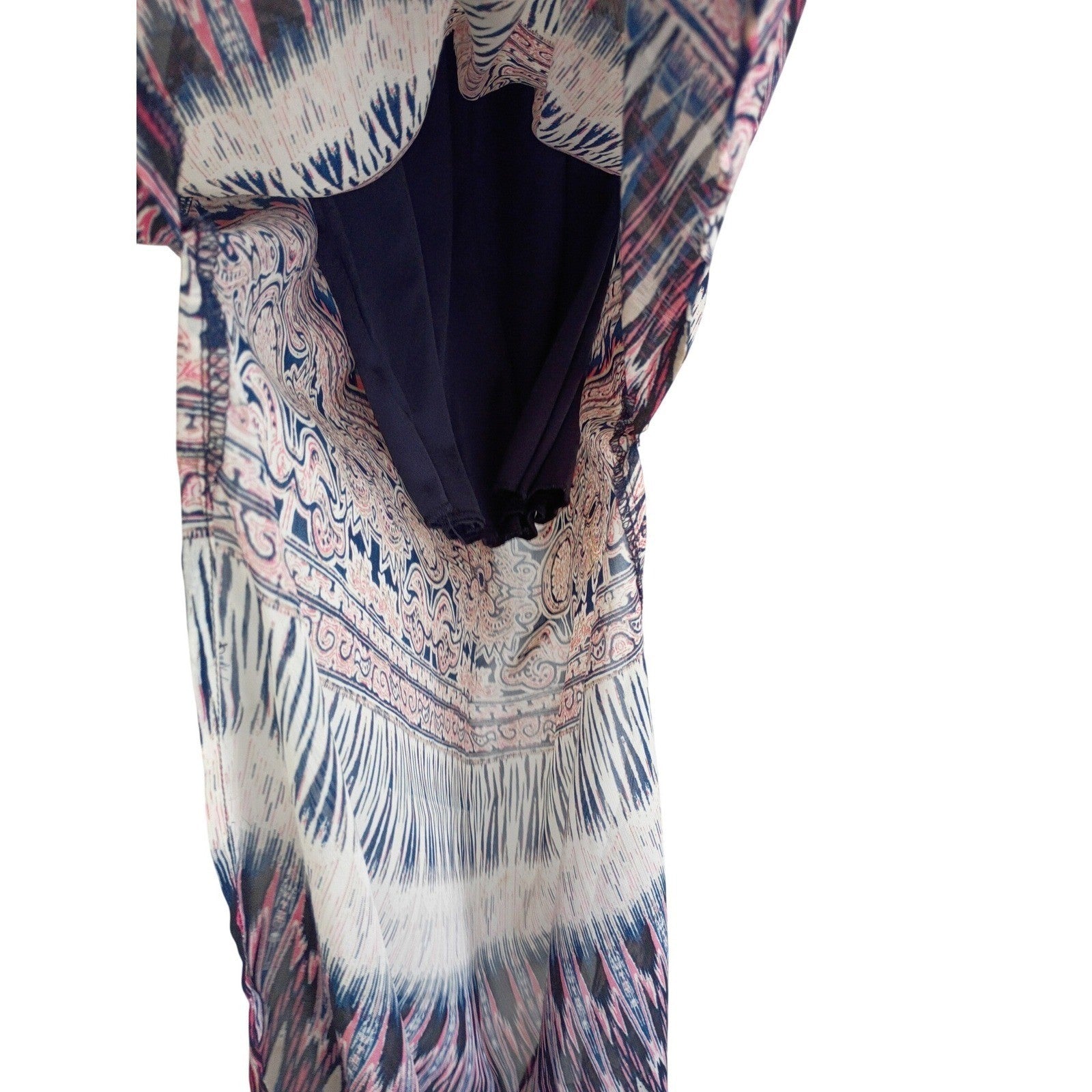 Trixxi Navy Pink Geometric Paisley Lace Sheer Maxi Dress Small Boho Slit Beach