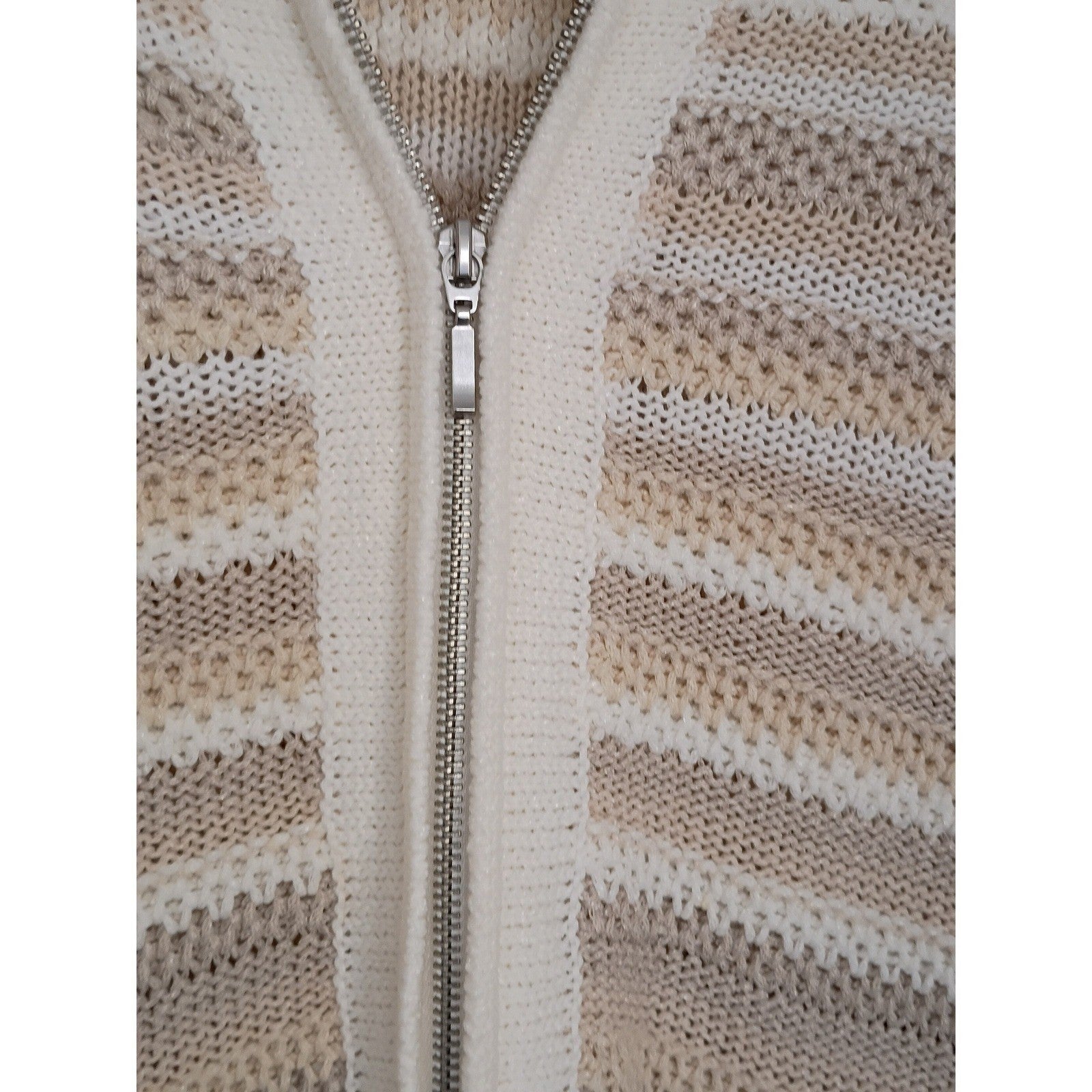 CHICO'S Neutral Zip Cardigan Beige Stripe Cotton Blend M NWOT Effortless Polish