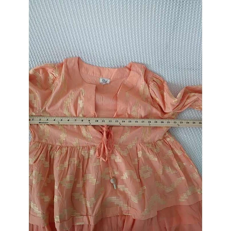 NWT RHEA Peach Gold Metallic Ikat Boho Tiered 100% Cotton Mini Dress L XL V-Neck