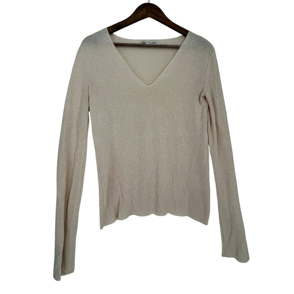 ZARA Beige Lightweight V-Neck Long Sleeve Knit Sweater Top S Sheer Minimalist