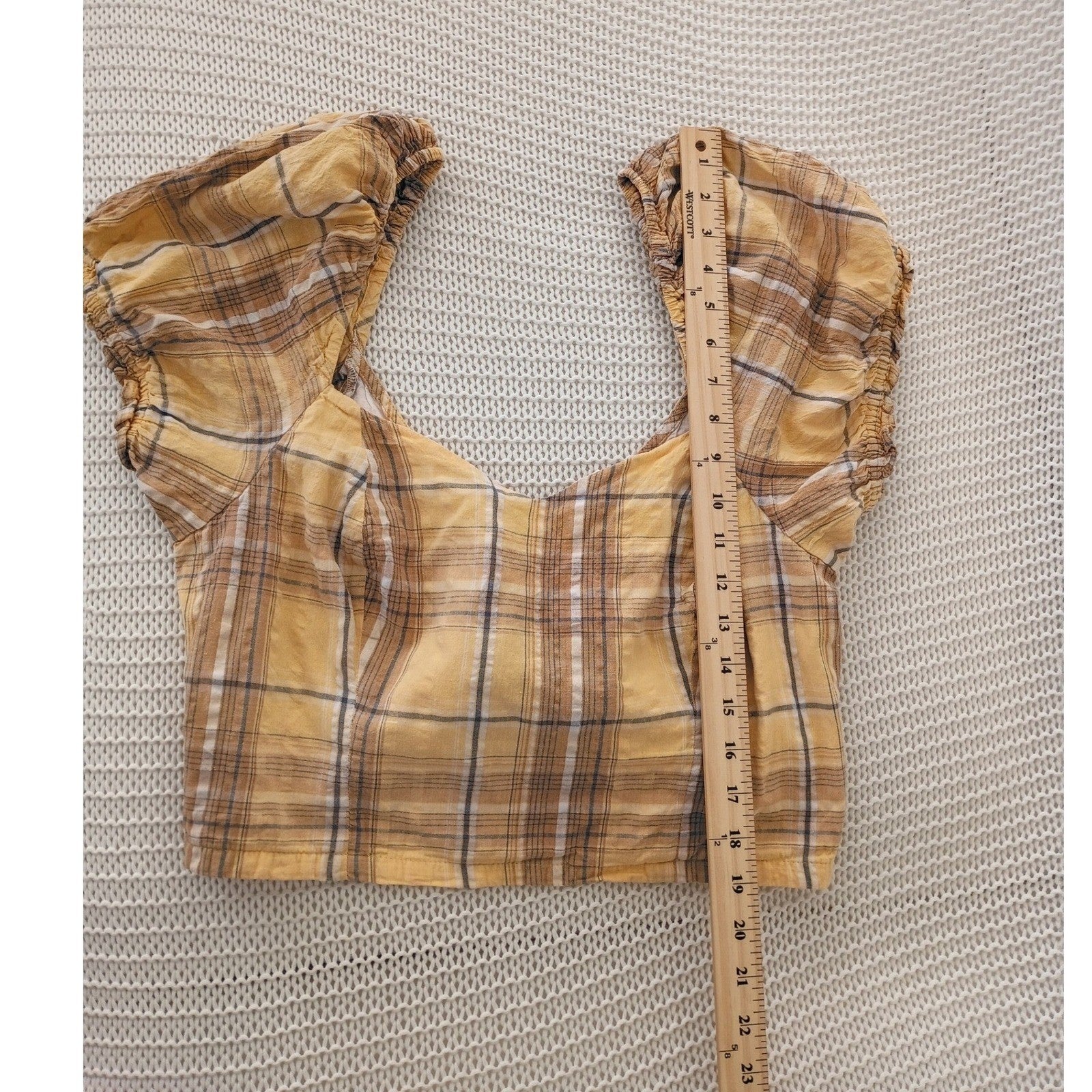 Dizzy Lizzy Yellow Plaid Lace Up Back Puff Sleeve Crop Top XL Cotton Cottagecore