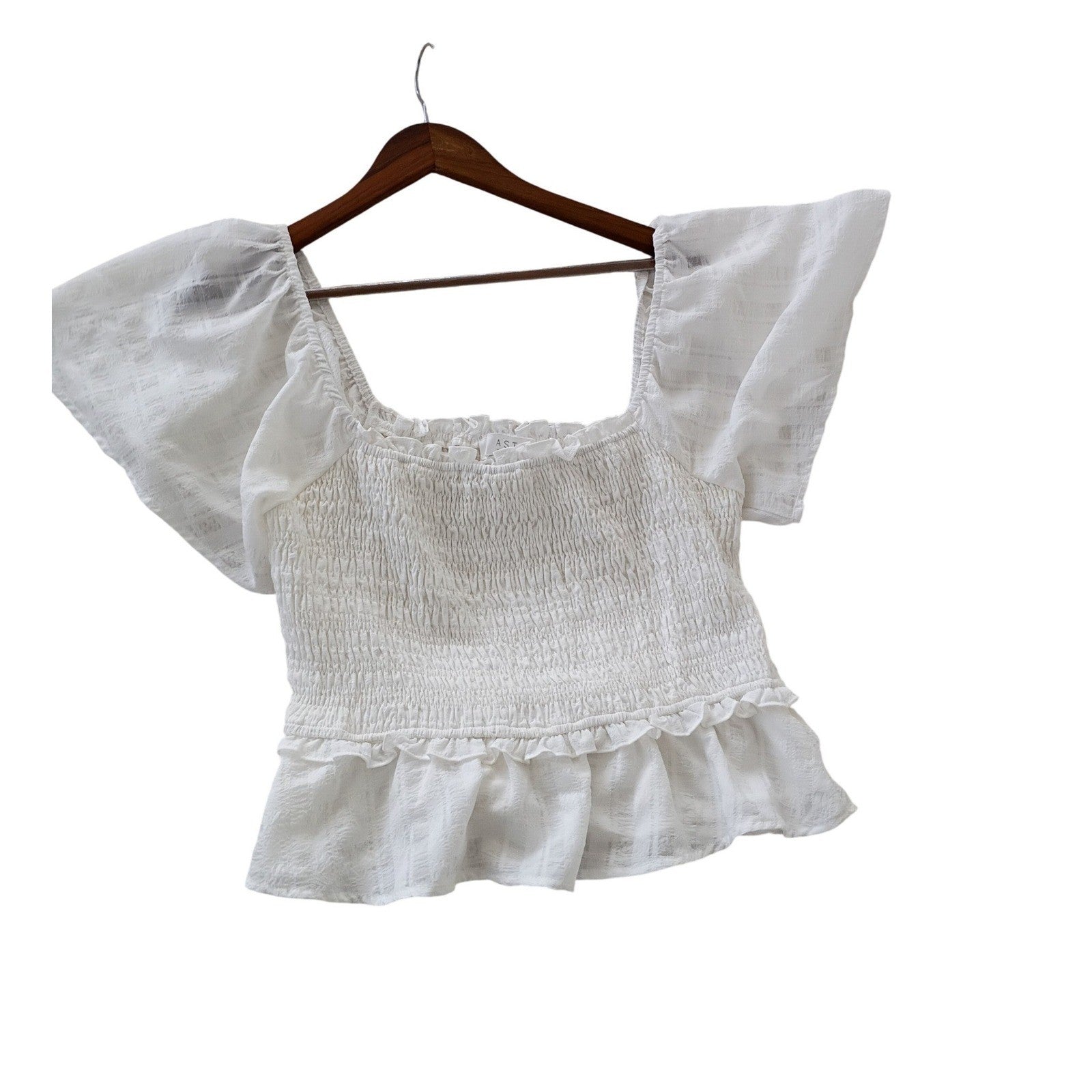 ASTR The Label White Smocked Peplum Top M Coquette Cottagecore Puff Sleeve Lace