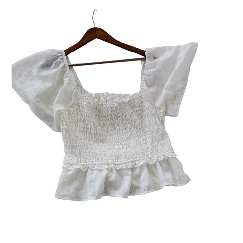 ASTR The Label White Smocked Peplum Top M Coquette Cottagecore Puff Sleeve Lace