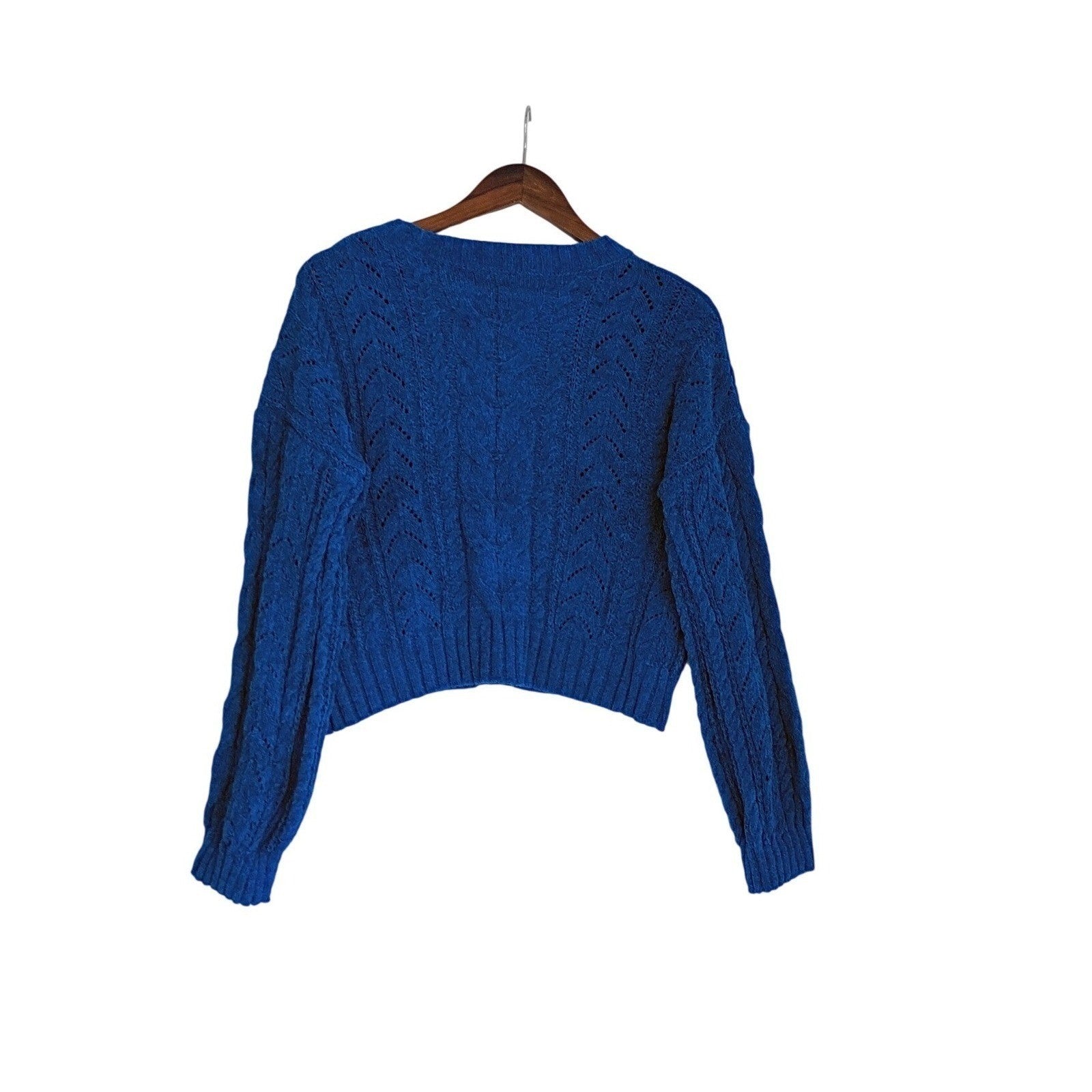 Pink Rose NWT Vibrant Stylish Cropped Knit Sweater Blue Cable Texture M