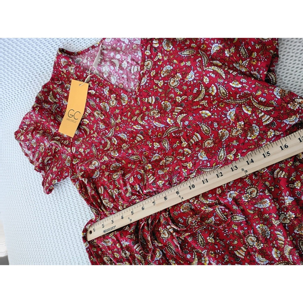 NWT Grecerelle Red Paisley Floral Maxi Dress V-Neck Short Sleeve Elastic Waist M