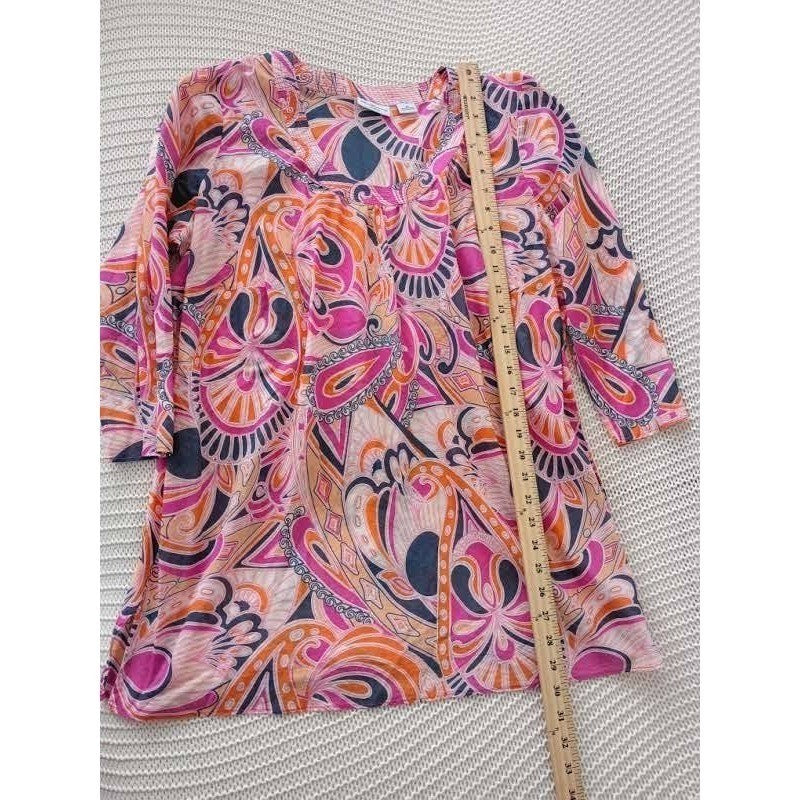 Liz Claiborne 100% Cotton Tunic Top Pink Orange Paisley 3/4 Sleeve V-Neck Fits L